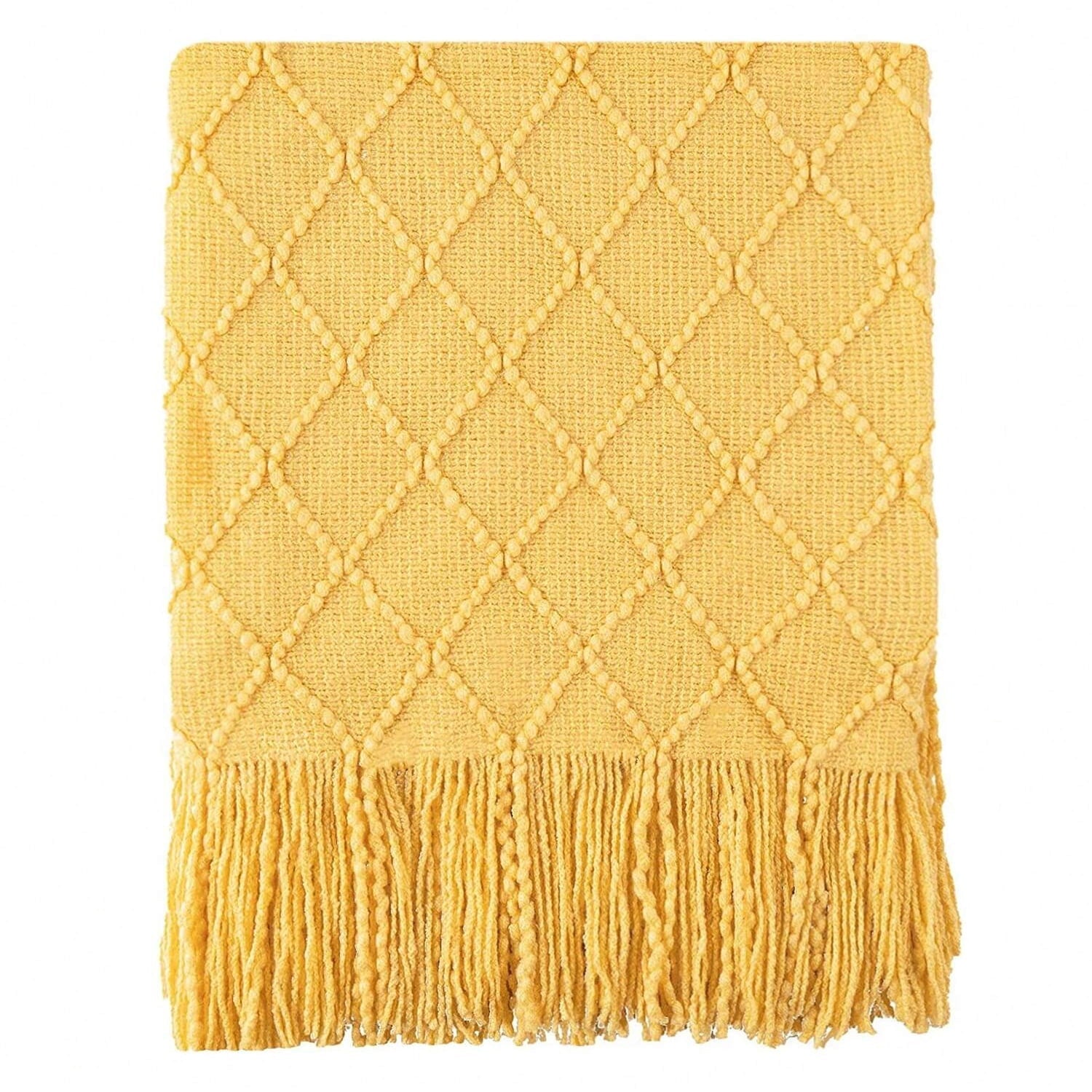 Mustard Throw Blanket for Couch,Gold Yellow Knit Throw with Fringe,Outdoor Throw ,50"x60"