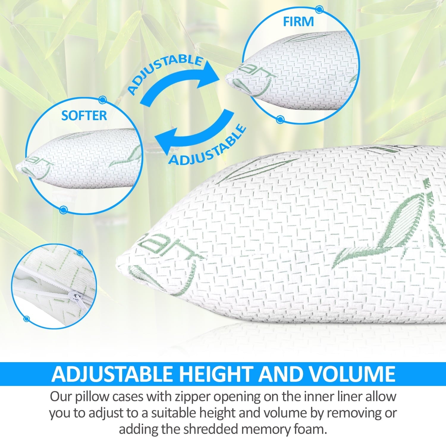Queen Size Bamboo Pillow, Memory Foam Bed Pillows with Washable Pillowcases, Queen