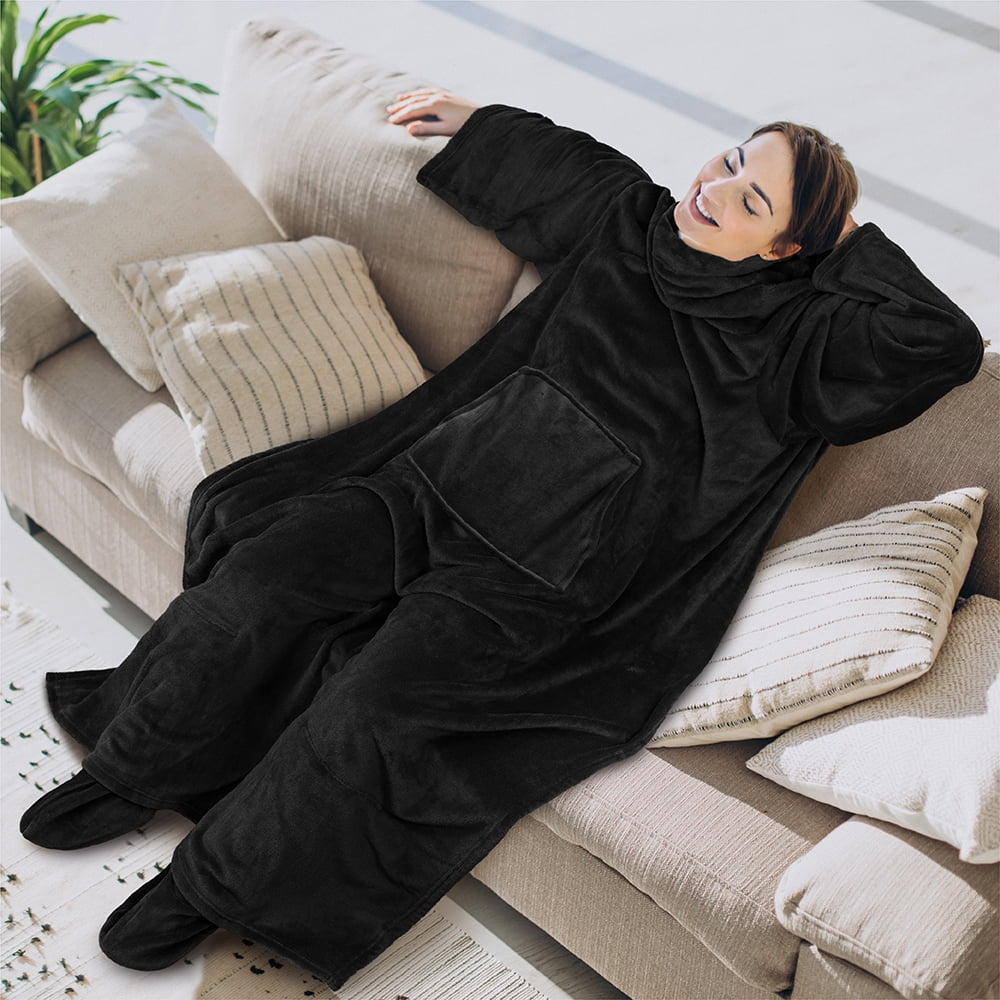 Fleece Blanket with Sleeves, Foot Pockets for Women Men Adults, Plush Wearable Blanket Throw Wrap, Warm Snuggle Blank...