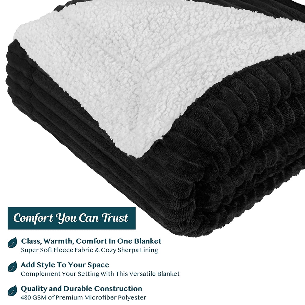 Reversible Sherpa Fleece Throw Blanket Black, Plush Flannel Throw, Ultra Soft Warm Ribbed Microfiber Blanket for Sofa...