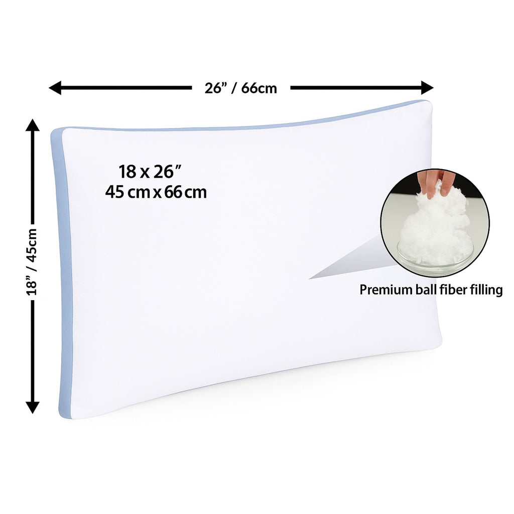 Gusseted Queen 18x26 Bed Pillows for Sleeping Set of 2 Polycotton White Blue Stripe Comfortable