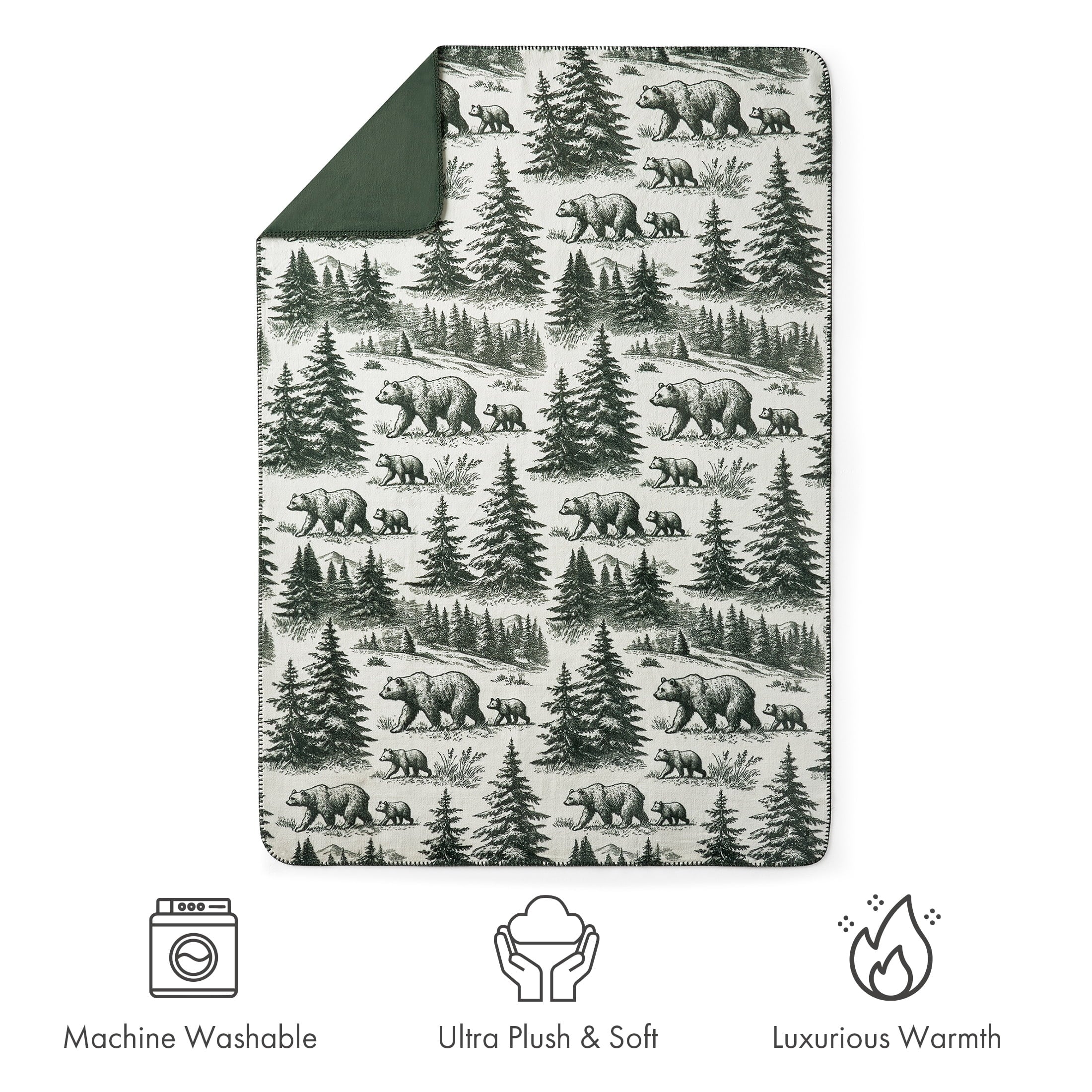 Plush Oversized Throw Blanket for Couch or Bed, Soft Flannel Fleece, Green Pine Trees, 50"x72"