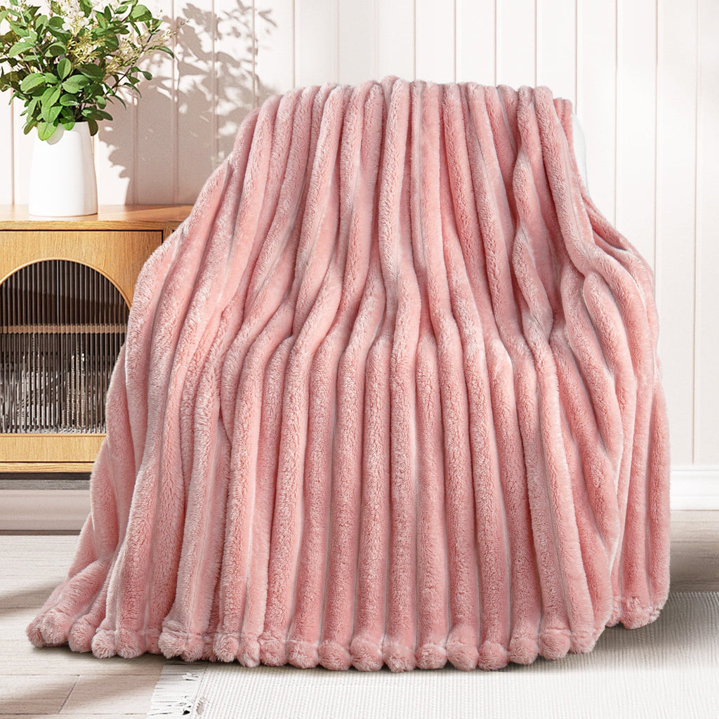 Fleece Throw Blanket for Couch, Super Soft 3D Striped Jacquard Blanket, Lightweight Fuzzy Cozy Blankets, Pink, 50"x60"