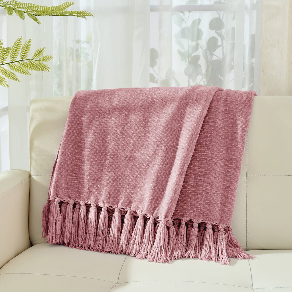Chenille Throw Blanket with Fringe Tassel for Couch Sofa Chair Bed, Mauve 50" X 70"