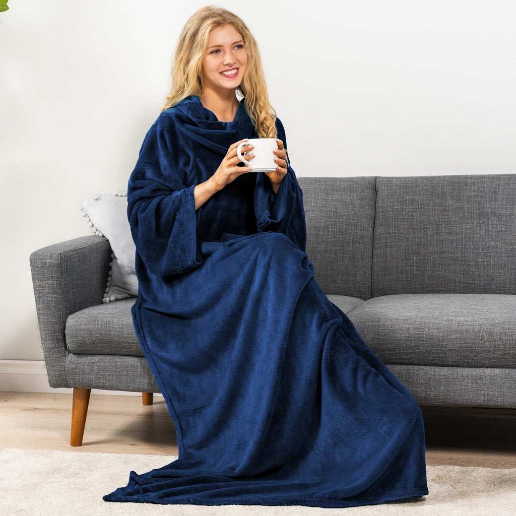 Navy Blue Fleece Wearable Blanket with Sleeves for Adults Women Men, Soft Warm Full Body Wrap Throw, Sweatshirt Pocke...