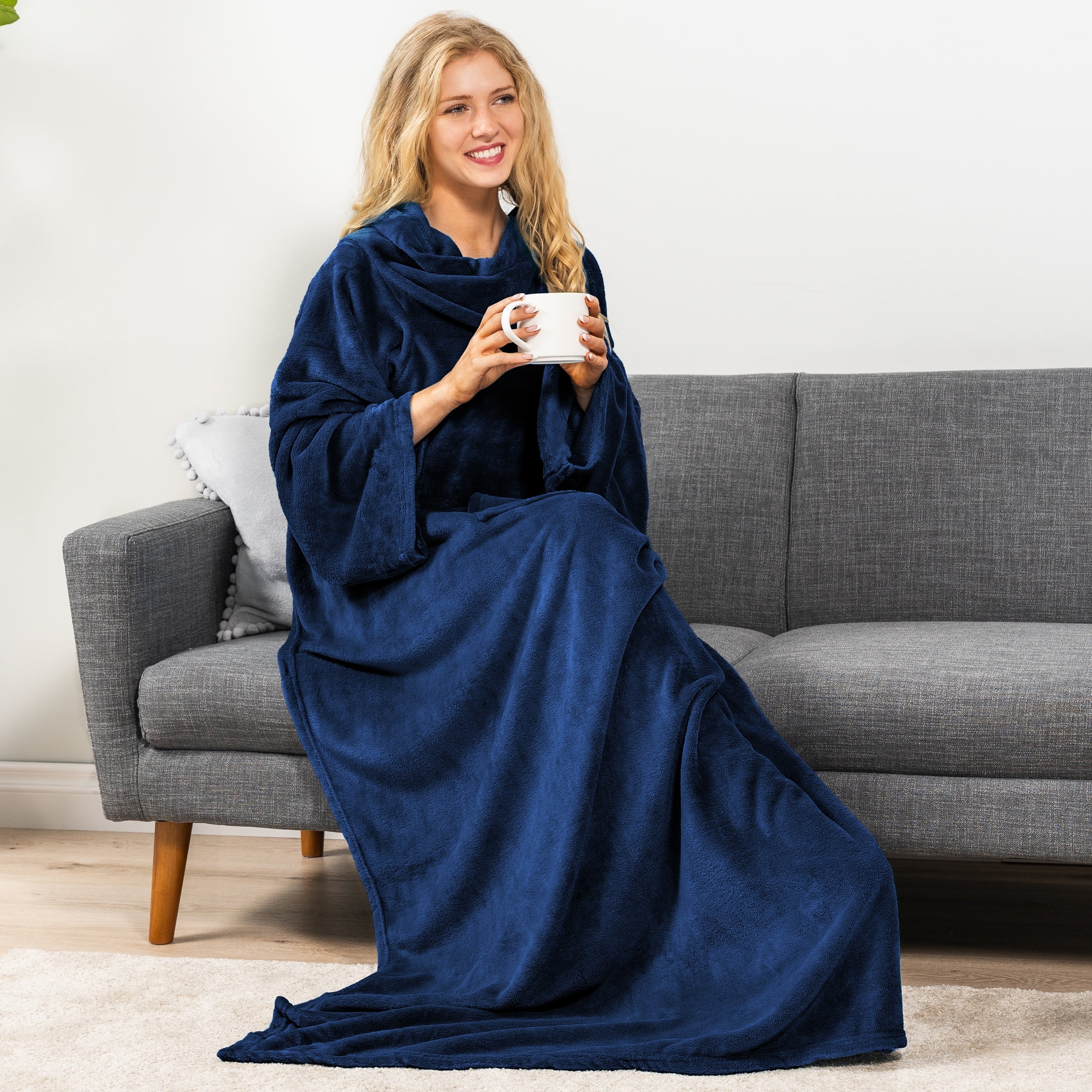 Navy Blue Fleece Wearable Blanket with Sleeves for Adults Women Men, Soft Warm Full Body Wrap Throw, Sweatshirt Pocke...