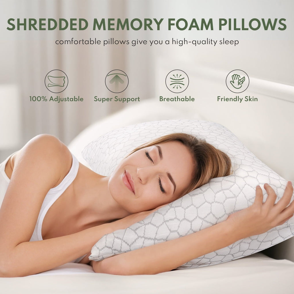 Queen Size Bed Pillows 4-Pack,3.3lb Shredded Memory Foam Filled,Hyper Soft & 3D Breathable Cooling Desigh Cover Fitti...