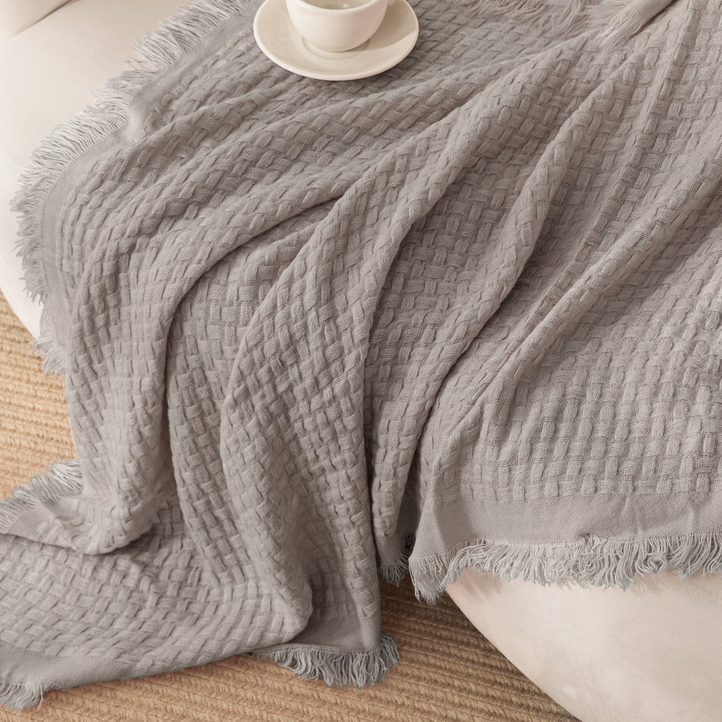 Knitted Throw Blanket with Fringes for Couch, Soft and Warm Textured Throw for All Season, Lightweight Breathable Roo...