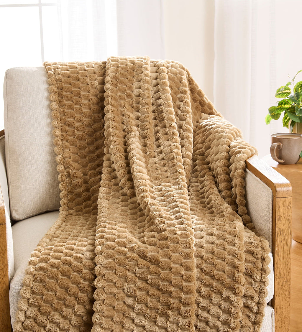 Textured Velvet Plush Oversized Throw Blanket in Dark Caramel
