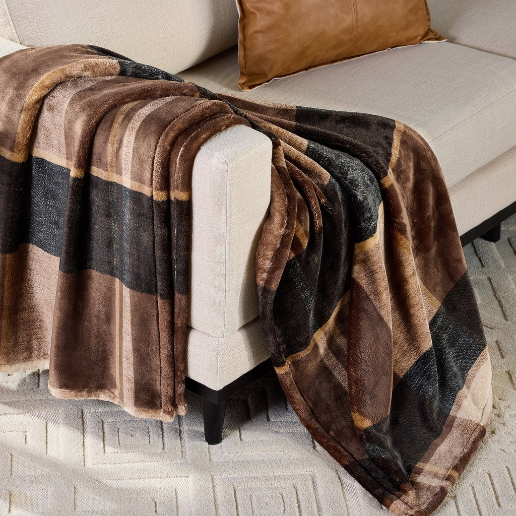 Printed Velvet Plush Super Soft Throw Blanket, Oversized, Shelton Brown Plaid