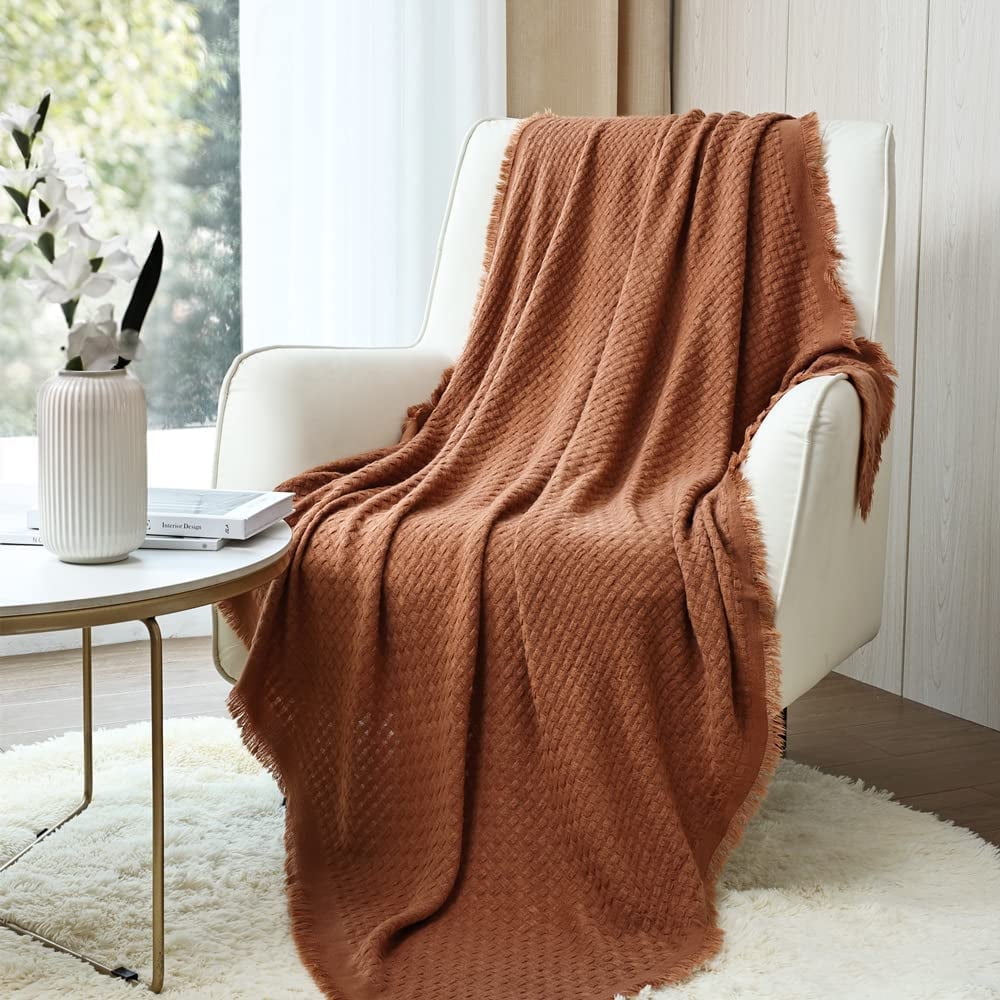 Farmhouse Rust Knit Throw Blanket for Couch Sofa Chair Bed Home Decoration, Soft Warm Cozy Light Weight for Spring Su...