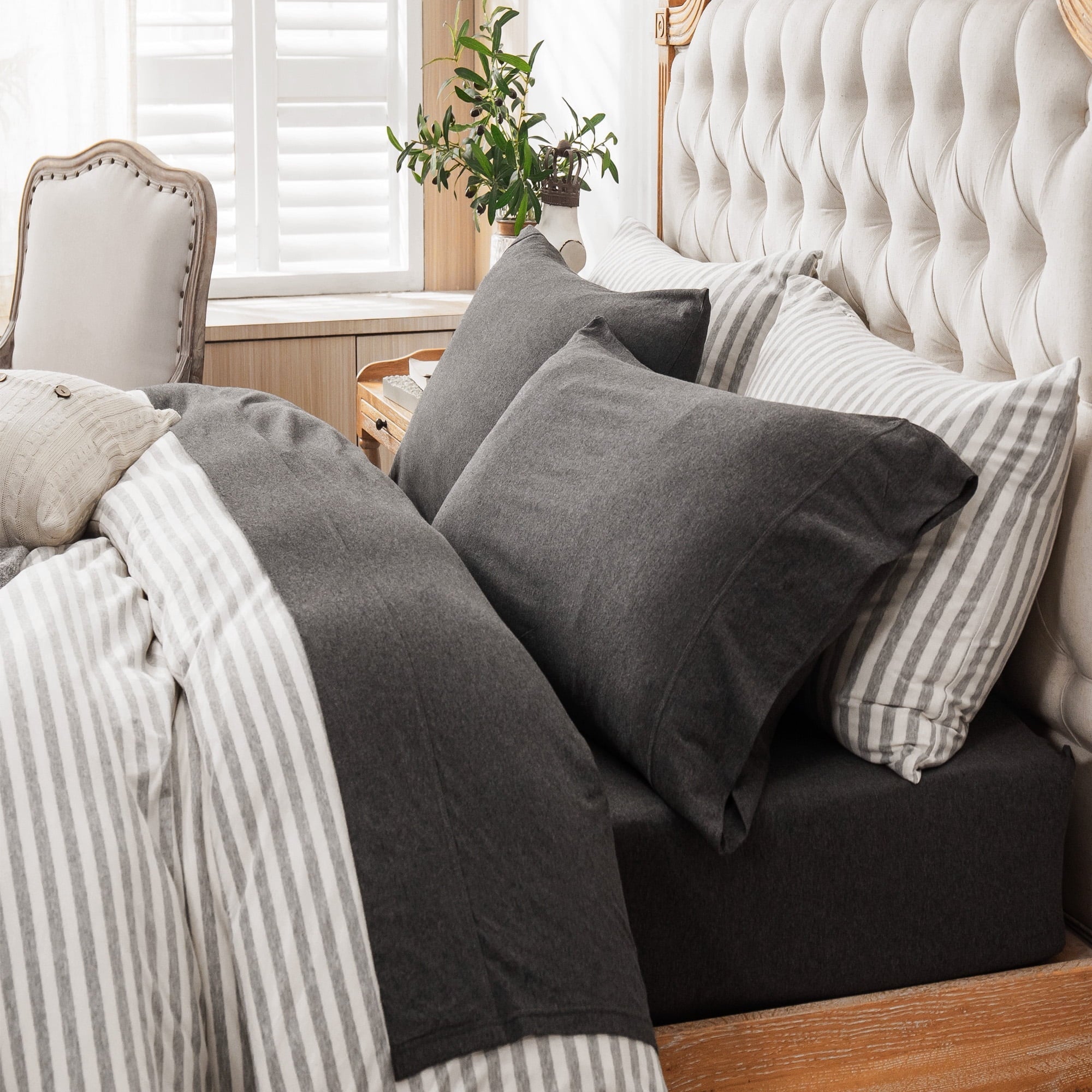 100% Cotton Jersey Knit 4pc Bed Sheet Set Extra Deep Pocket up to 20" Charcoal Gray Queen