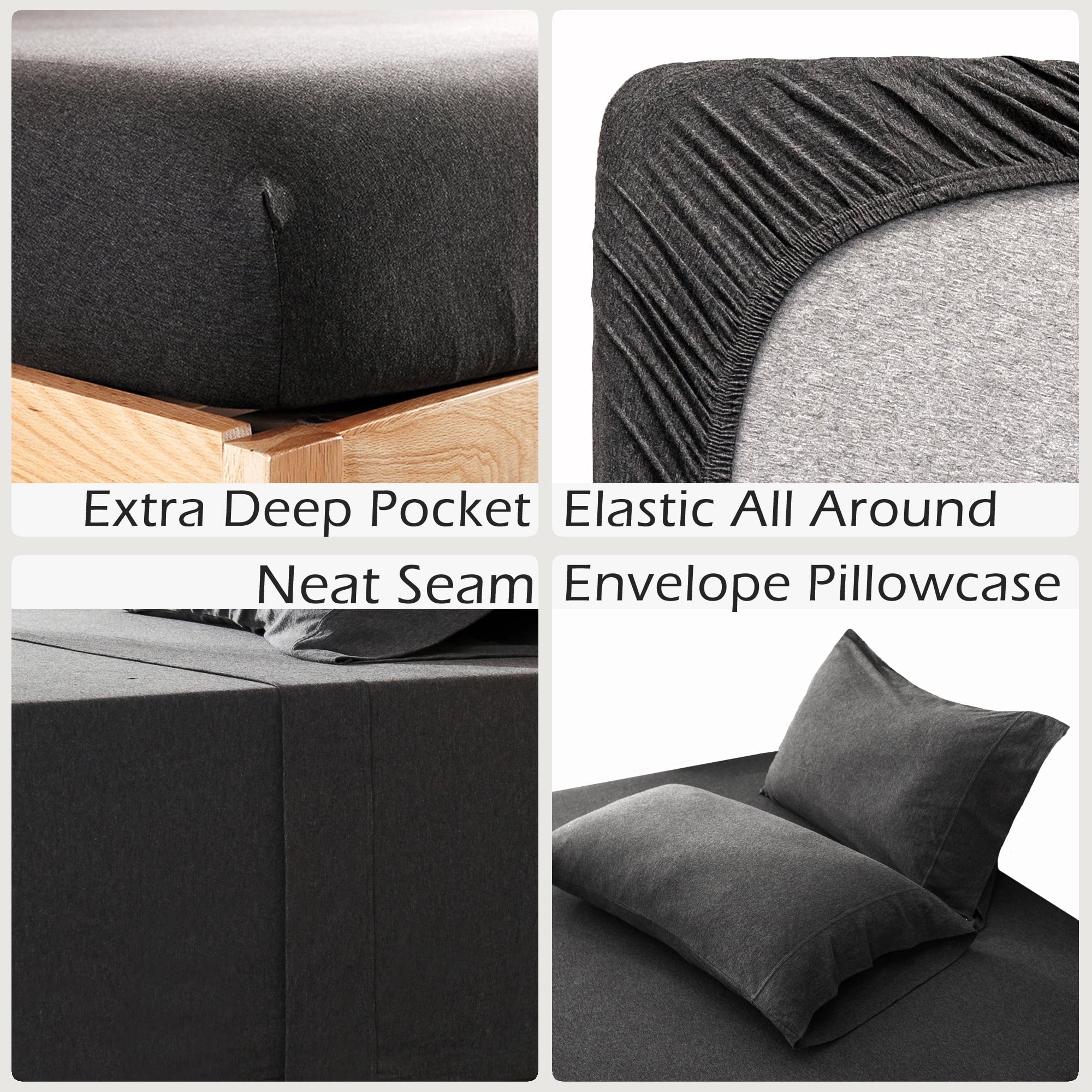 100% Cotton Jersey Knit 4pc Bed Sheet Set Extra Deep Pocket up to 20" Charcoal Gray Queen