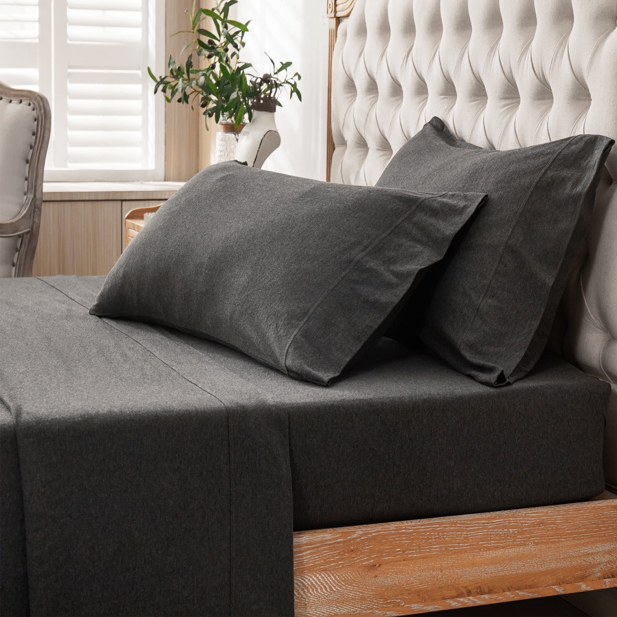 100% Cotton Jersey Knit 4pc Bed Sheet Set Extra Deep Pocket up to 20" Charcoal Gray Queen