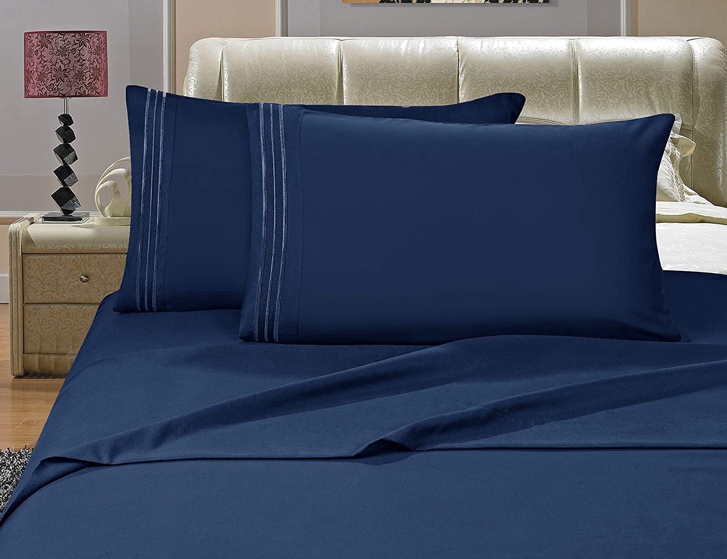 4-Piece Microfiber Bed Sheet Set, Soft & Breathable, Wrinkle & Fade Resistant, Deep Pocket, Queen, Navy Blue