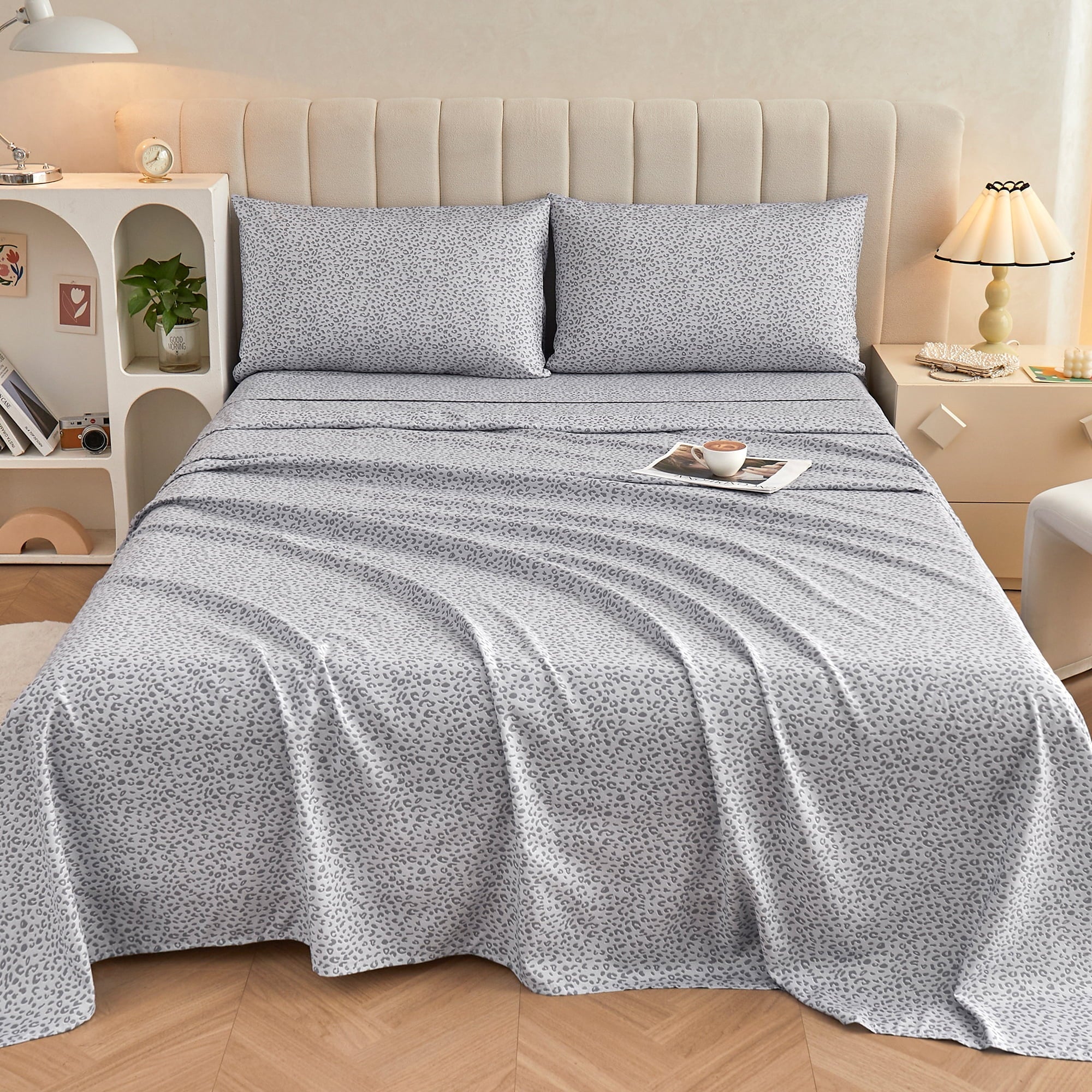 Floral King Sheets, Soft Breathable Microfiber Printed Bed Sheet Set, Deep Pocket Non-Slip Fitted Sheet Included