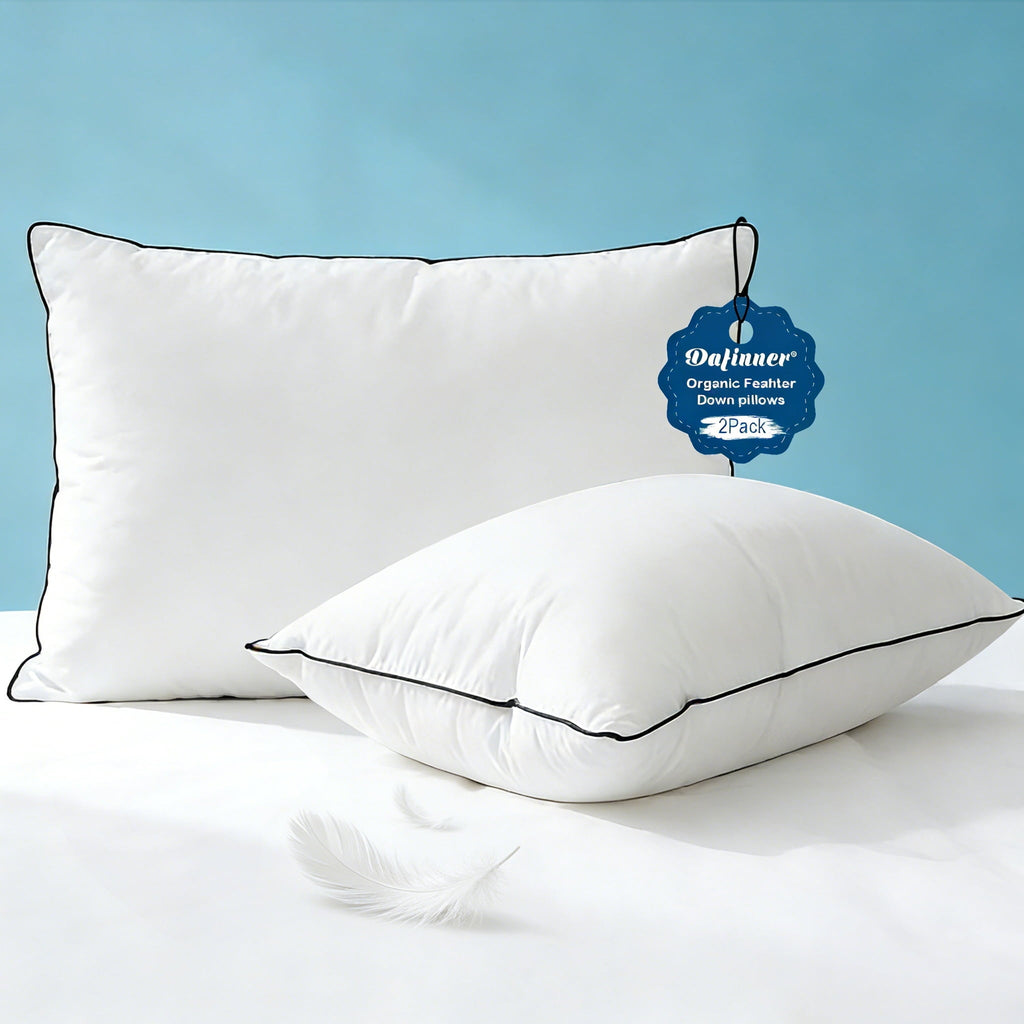 Hypoallergenic 3‑Chamber Goose Feather Down Core Bed Pillows, Standard Size Set of 2, With Microfiber Surround, Soft-...