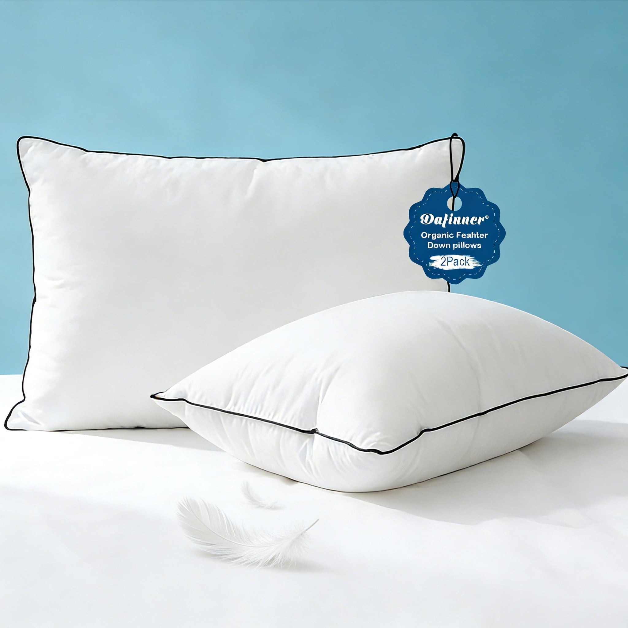 Hypoallergenic 3‑Chamber Goose Feather Down Core Bed Pillows, Standard Size Set of 2, With Microfiber Surround, Soft-...