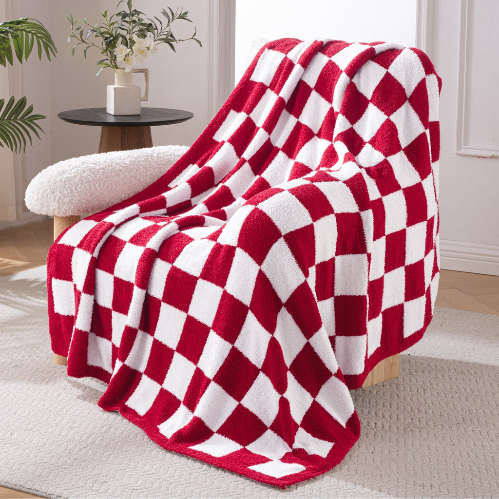 Checkered Knit Throw Blanket, Ultra Soft Cozy Fluffy Checkerboard Blankets, Lightweight Fuzzy Plush Throw for Couch a...