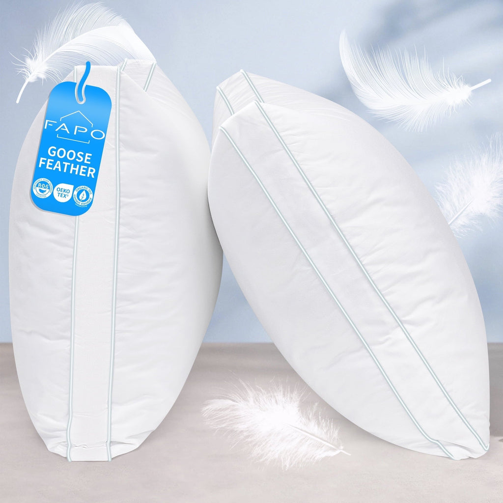 Goose Feather Down Pillows, Gusseted Bed Pillows Queen Size Set of 2, Luxury Hotel Collection Fluffy Pillows 100% Cot...