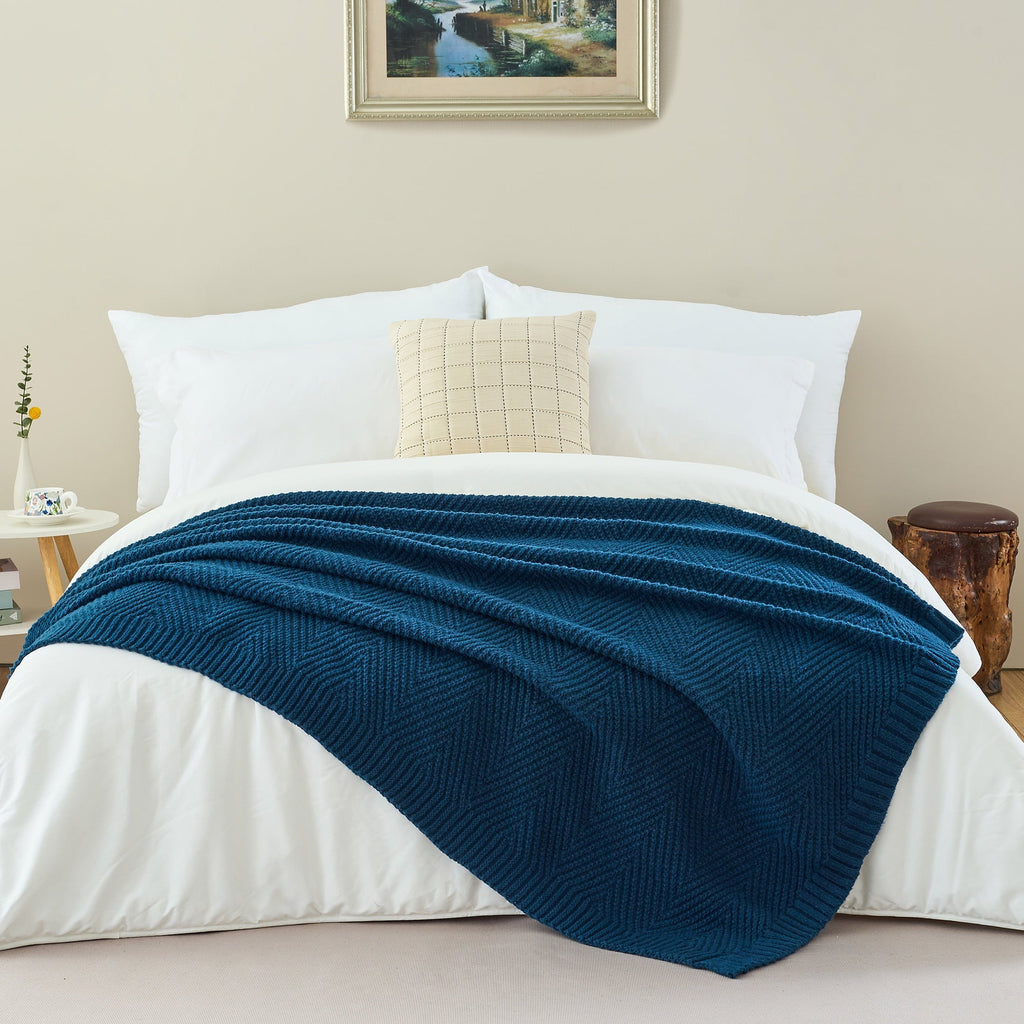 Soft Knitted Throw Blanket 50" x 60" Navy Blue, Boho Chevron Farmhouse Throw for Bed Couch