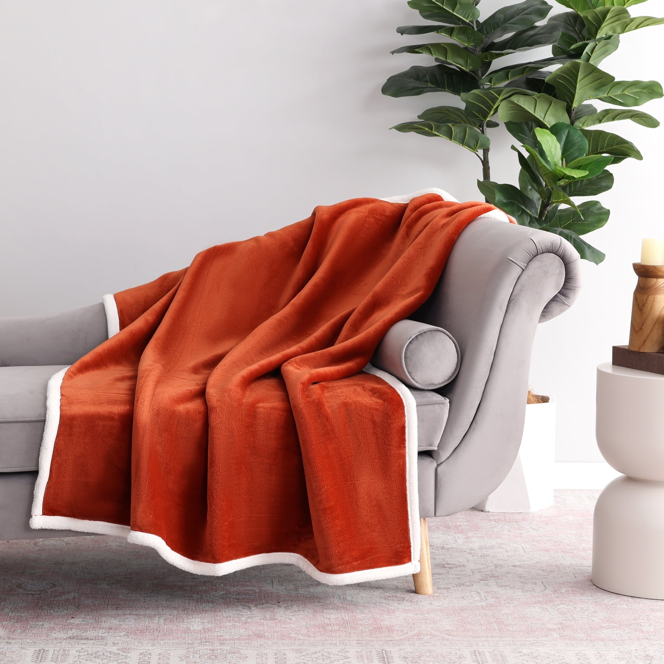 Reversible Printed Velvet Plush and Hampshire Faux Shearling Soft Throw Blanket, Standard Size, Auburn Sun