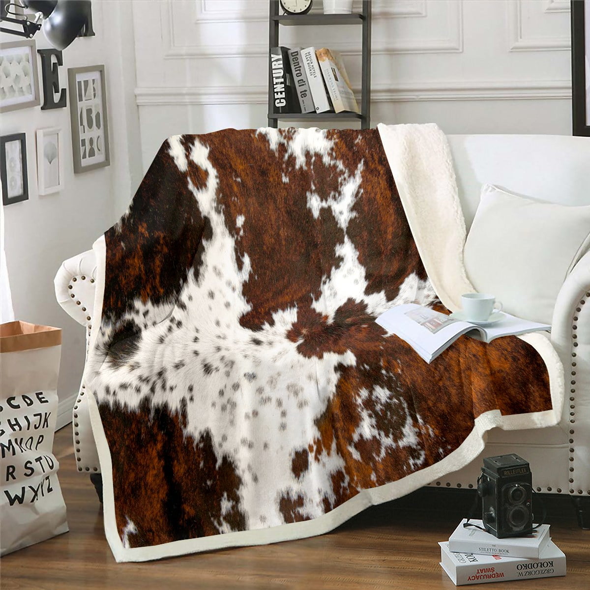 Milk Cow Print Throw Blanket for Bed Chair,Black Brown Cowhide Fleece Blanket 50"x60",Farmhouse Rustic Animal Skin We...