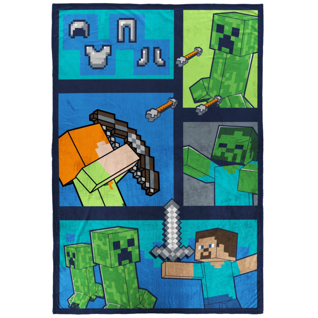 Minecraft Kids Twin/Full Blanket, 62 x 90, Microfiber, Green and Blue