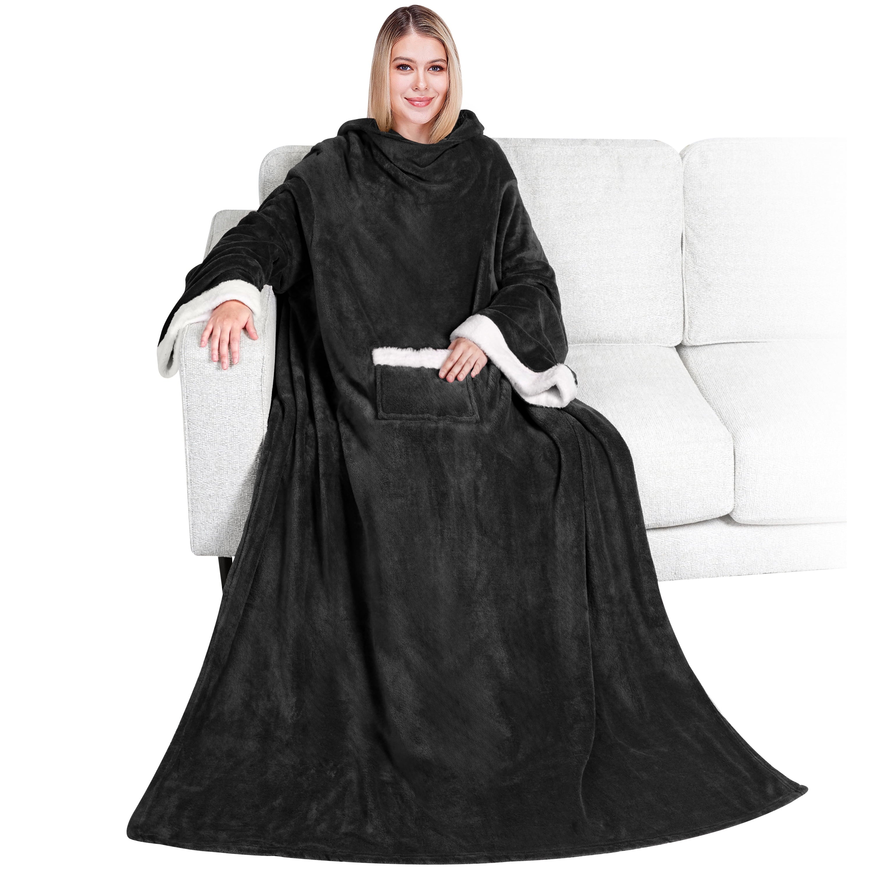 Fleece Blanket with Sleeves for Women Men Adults, Wearable Blanket Warm Soft Plush, Snuggle Pocket Sleeved TV Throw W...