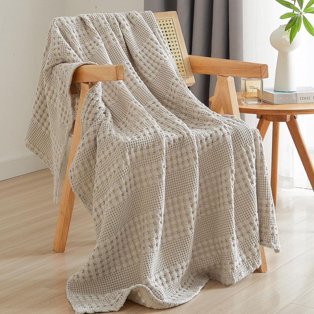 100% Cotton Waffle Weave Blanket, Lightweight Throw Washed Blanket for Bed Sofa Home Decor, Oatmeal, 50"x60"