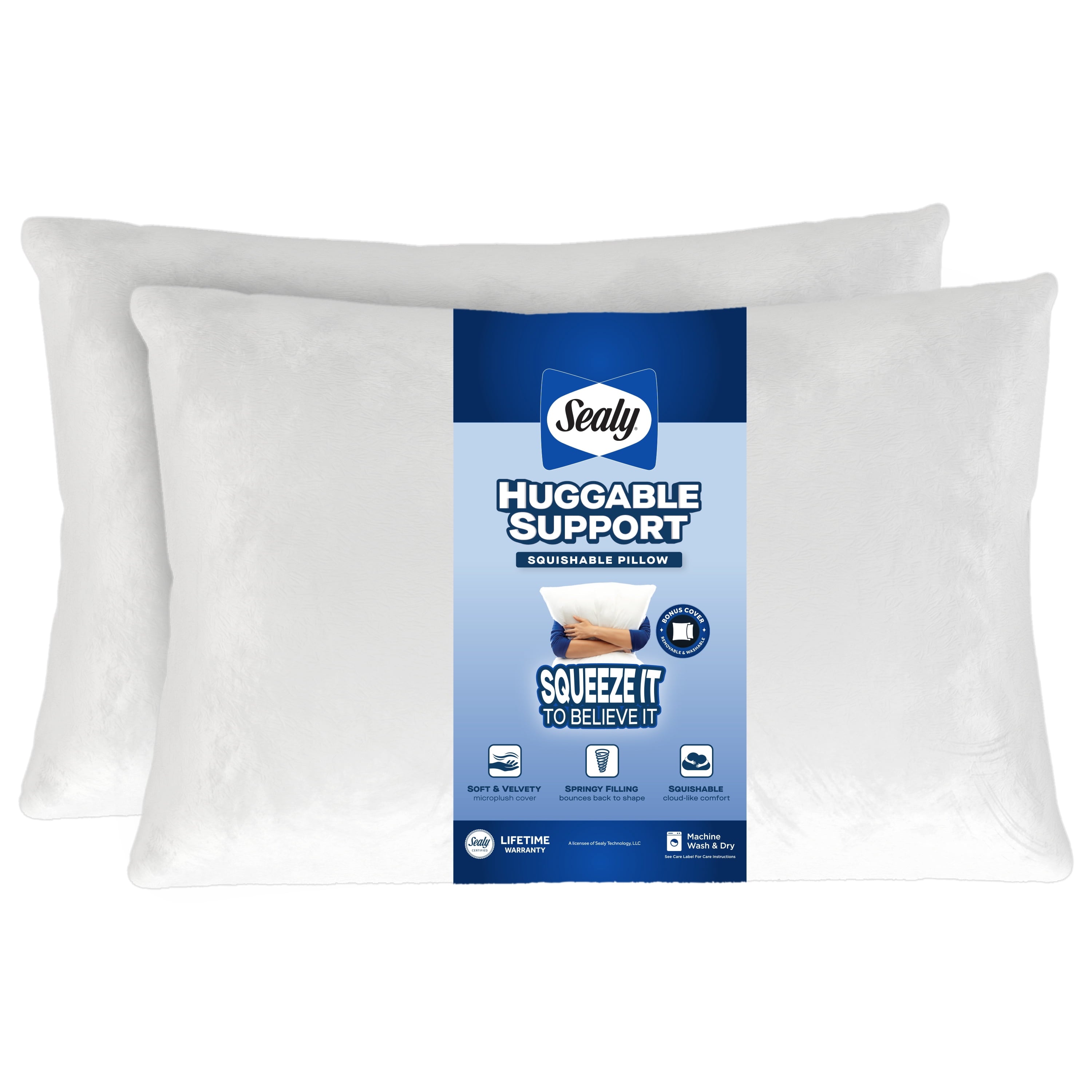 Huggable Support Bed Pillow, Standard- Soft Velvety Cover, Squishable Comfort (2 Count)