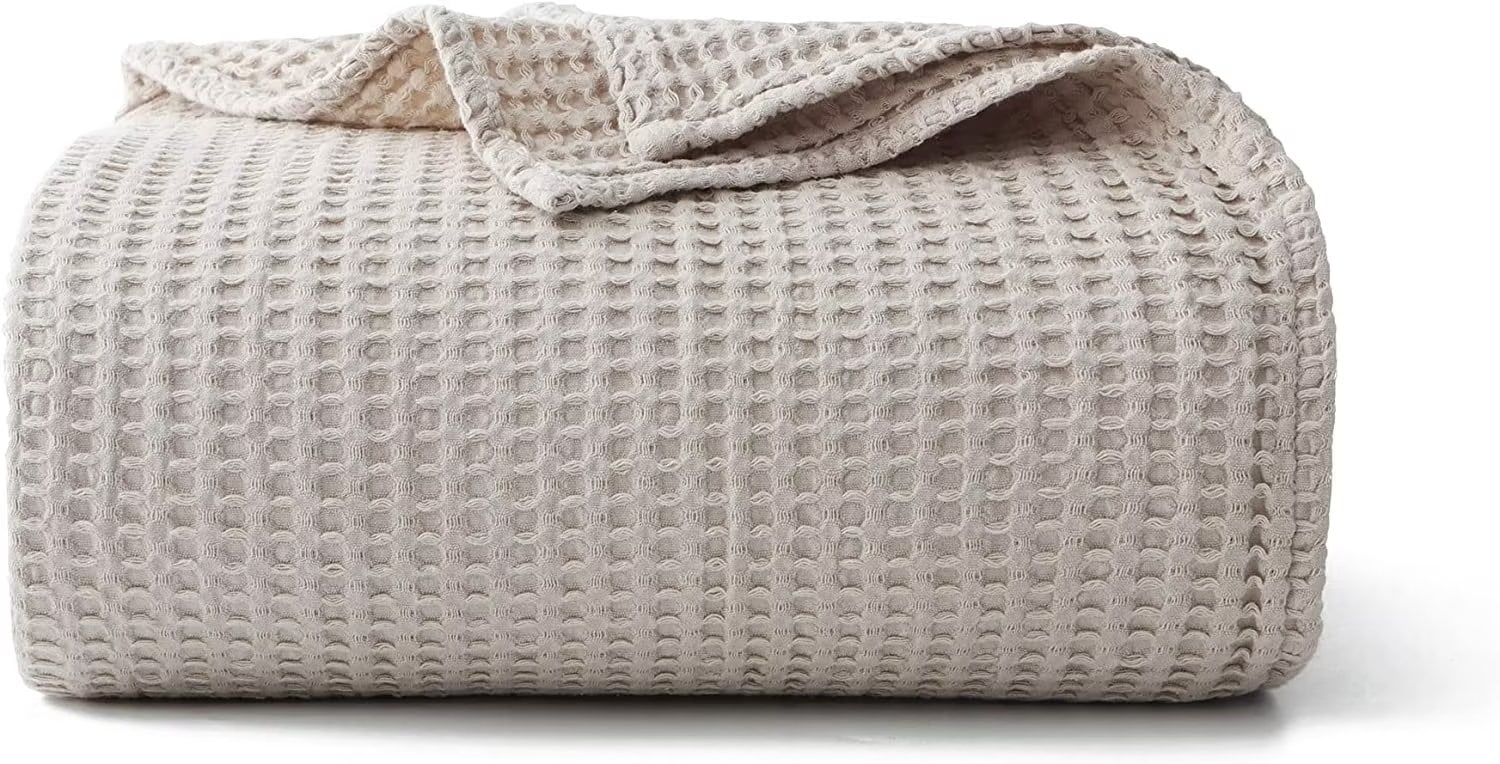100% Cotton Waffle Bed Blanket King Size, Throw Blanket for Couch All Seasons (Beige, 104x90)