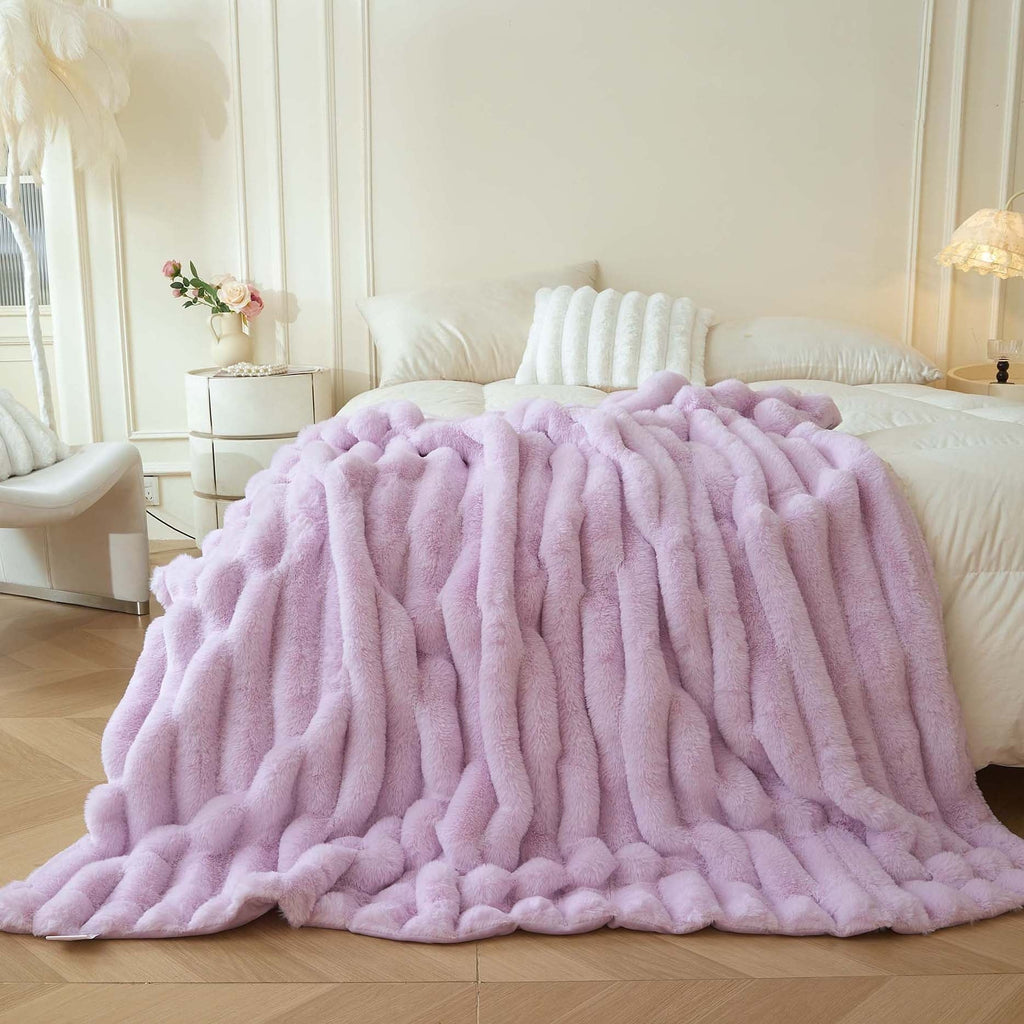 Fluffy Faux Rabbit Fur Throw, Cozy Wide Stripe Plush Fuzzy Blanket for Bed Couch Sofa Chair, Light Purple Shaggy Thro...