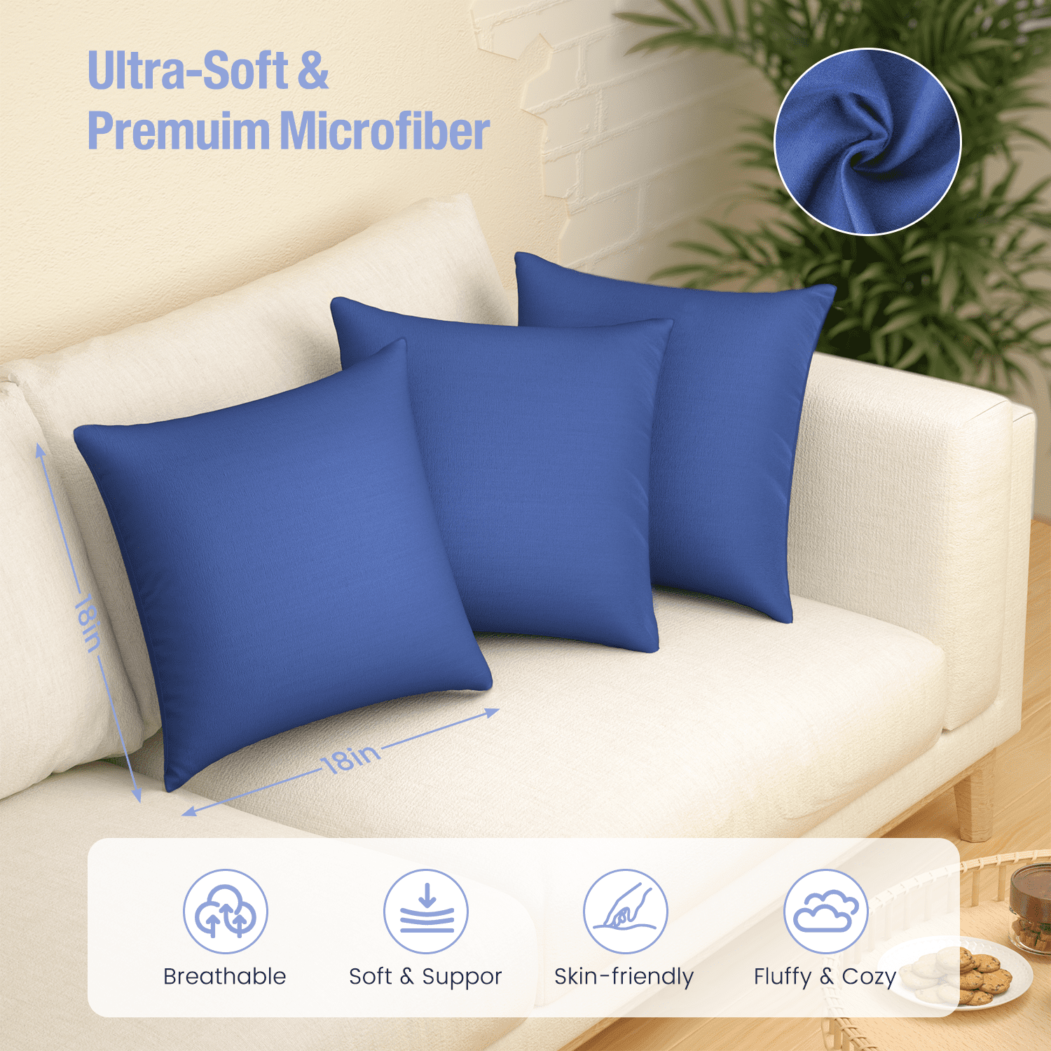 Throw Pillow Inserts Set of 2, Indoor Decorative 18x18 inches Square Pillows for Couch, Sofa, Bed, Supportive Cushion...