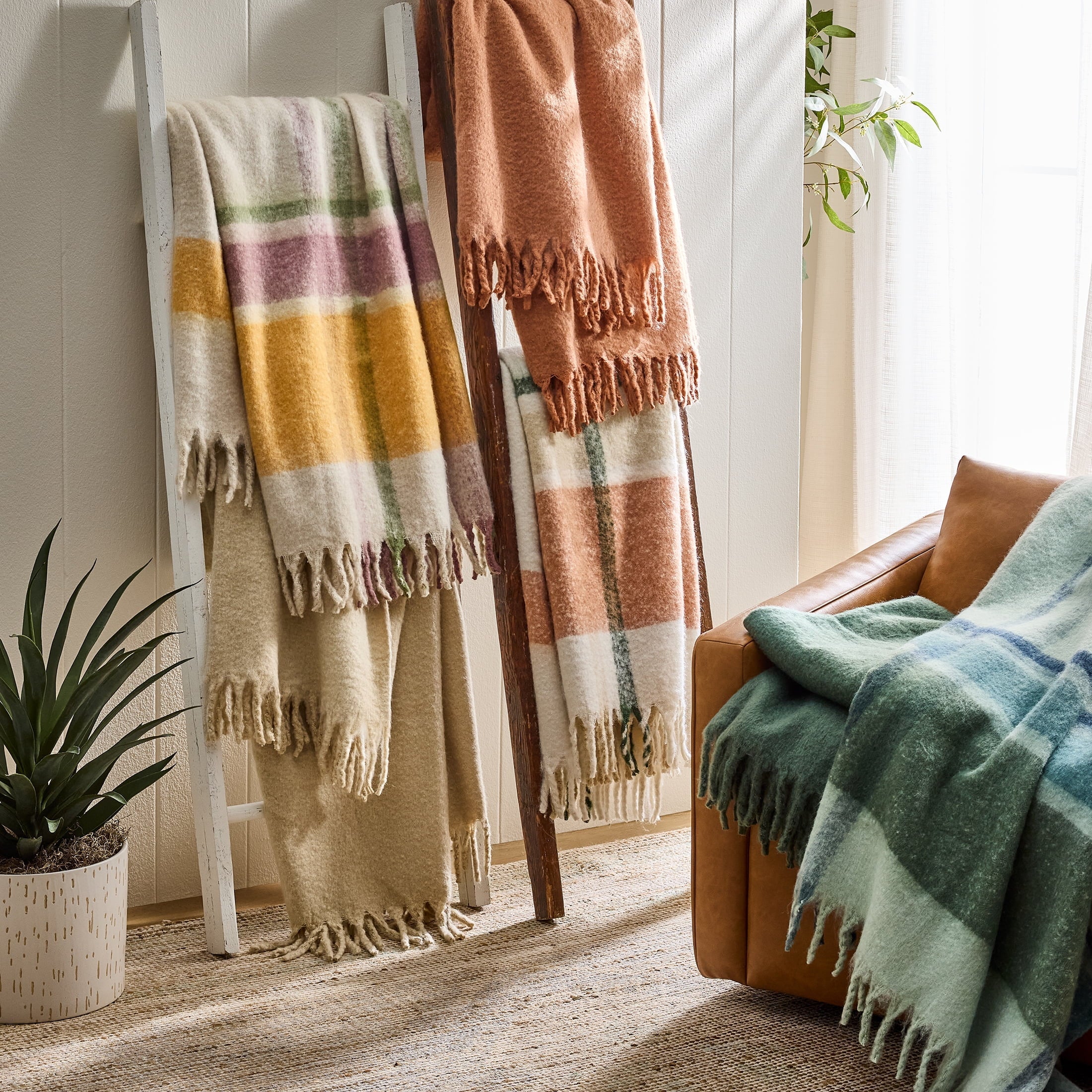 Faux Mohair Cozy Couch Throw Blanket Green Plaid, 50x72"