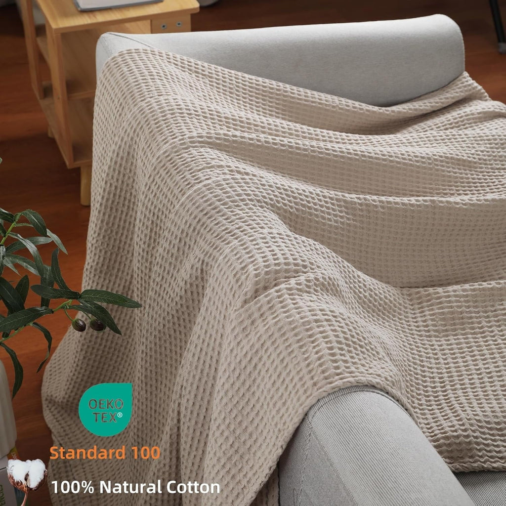 100% Cotton Waffle Bed Blanket King Size, Throw Blanket for Couch All Seasons (Beige, 104x90)