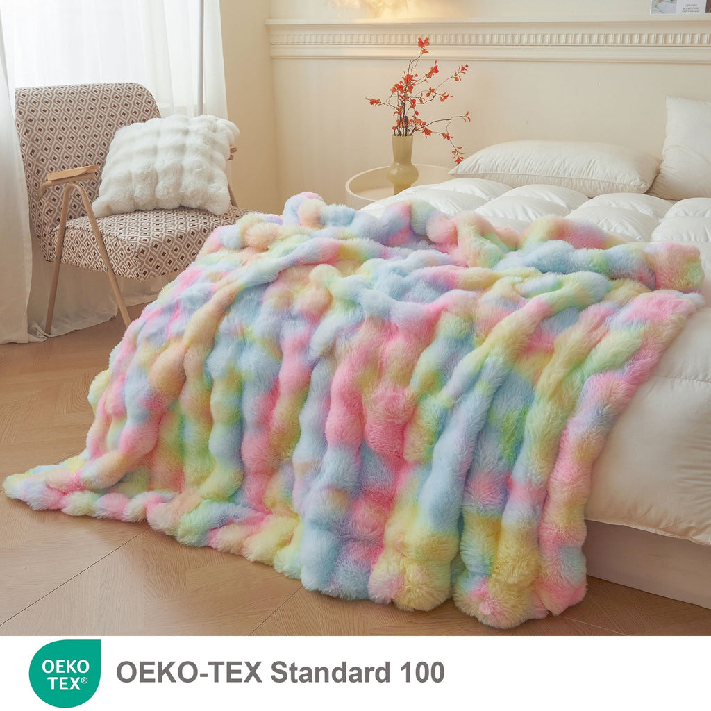 Fluffy Faux Rabbit Fur Bubble Throw, Rainbow Plush Shaggy Blanket for Couch Sofa Chair, Soft Tie Dye Furry Blanket Ad...