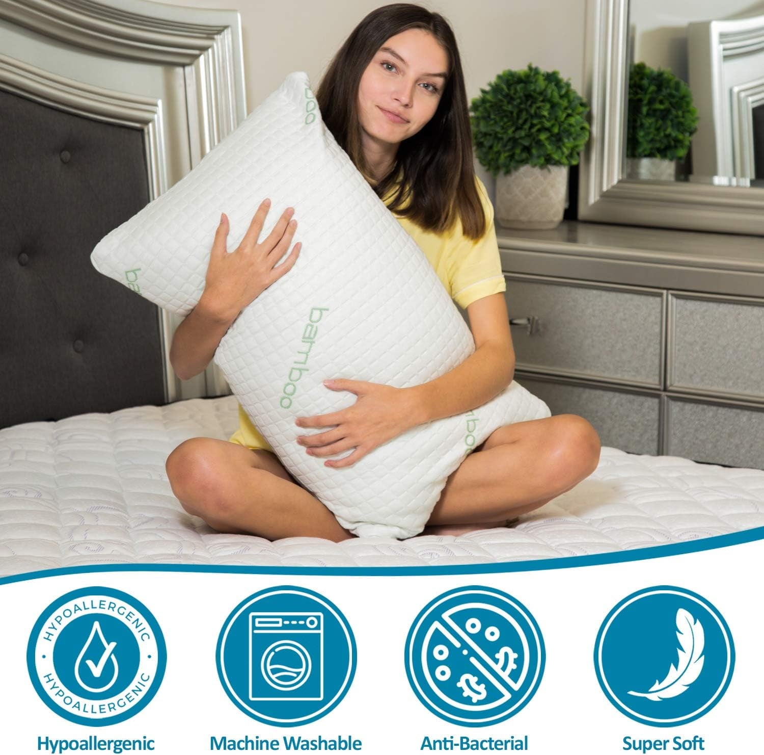 Queen Size Bamboo Pillow, Memory Foam Bed Pillows with Washable Pillowcases, Queen