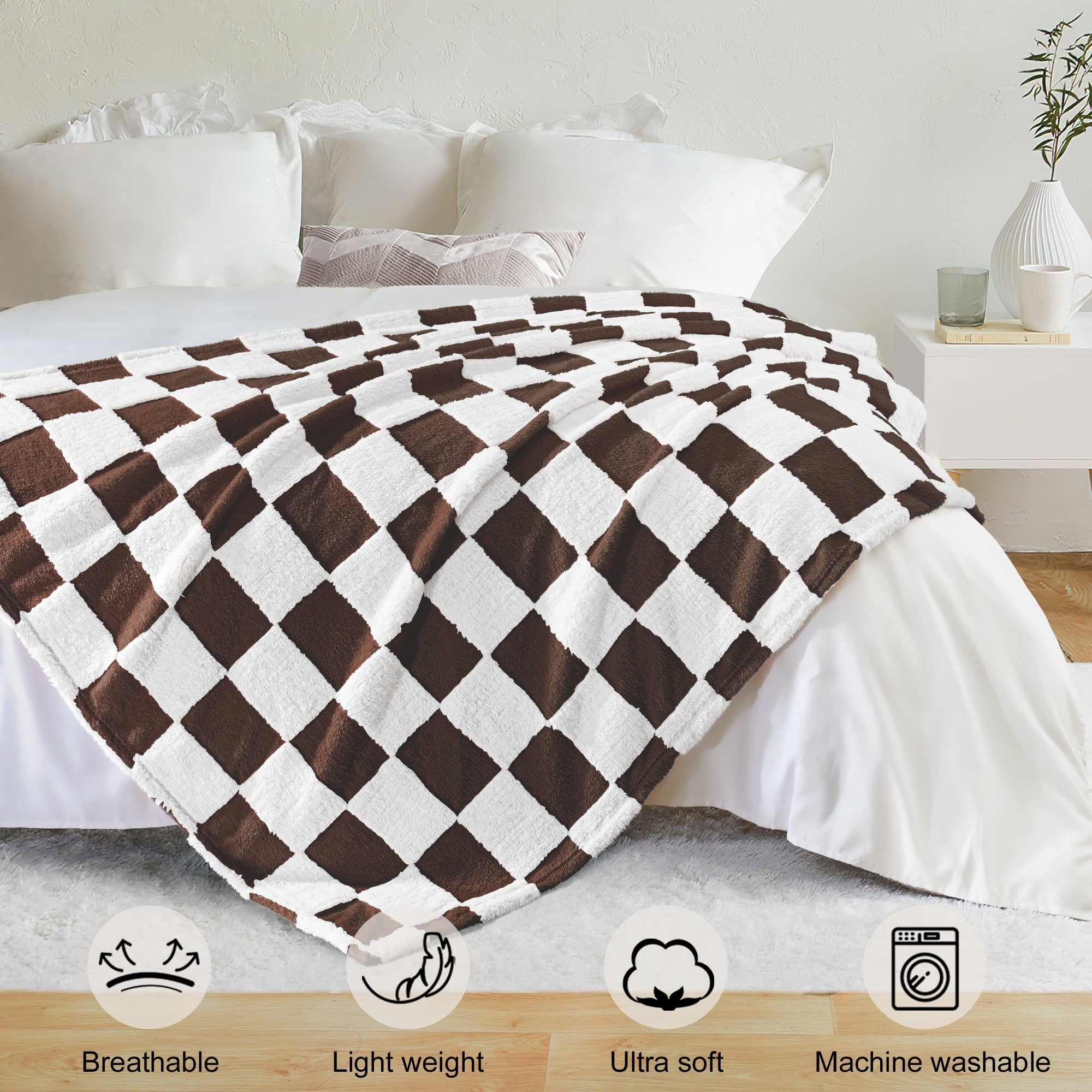 Checkered Throw Blanket, Super Soft and Warm Fluffy Fleece Blanket for Couch, Sofa, Bed, Cute Plaid Pattern, Coffee, ...
