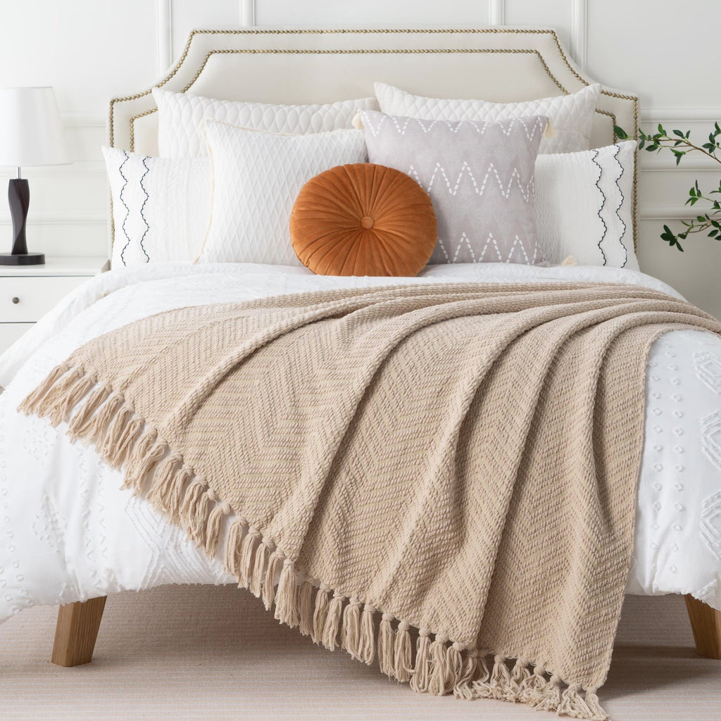 Beige Throw Blanket,Textured Knitted Tan Throws with Tassels,Neutral Sofa Bed Throws,50"x60"