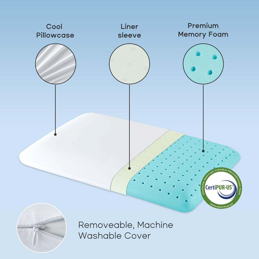 Ultra Thin Cooling Memory Foam Pillows, Summer Bed Pillows for Back, Stomach or Side Sleepers, Flat Pillow with Washa...