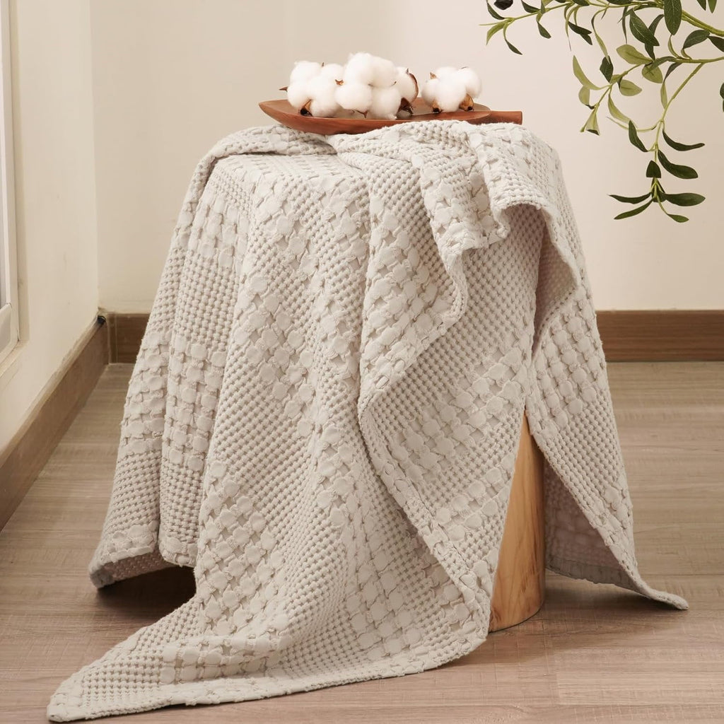 100% Cotton Waffle Weave Blanket, Lightweight Throw Washed Blanket for Bed Sofa Home Decor, Oatmeal, 50"x60"