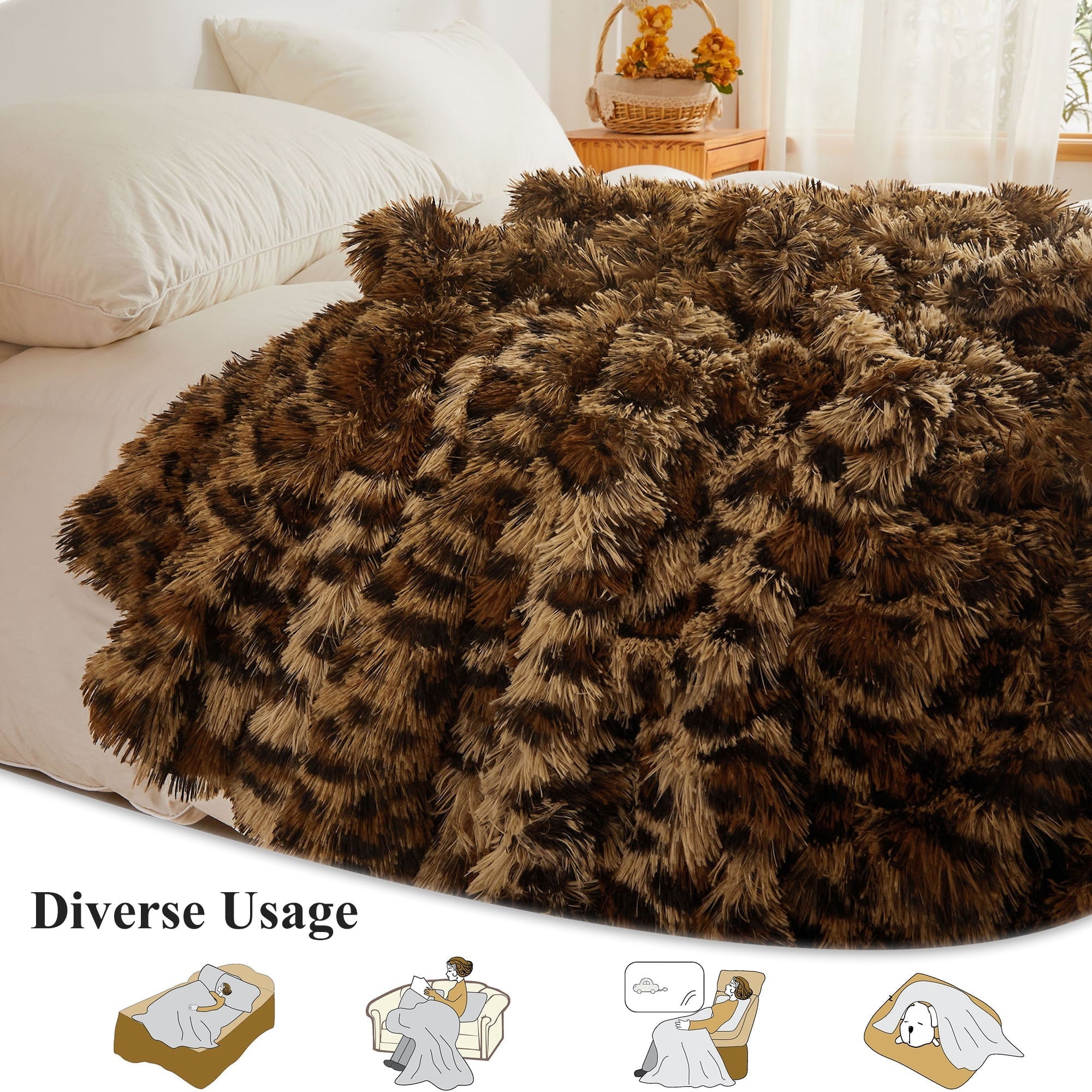Luxury Faux Fur Leopard Print Throw, Soft 50x60 Cheetah Print Fluffy Blanket, Shaggy Plush Decorative Couch Throw, Cu...