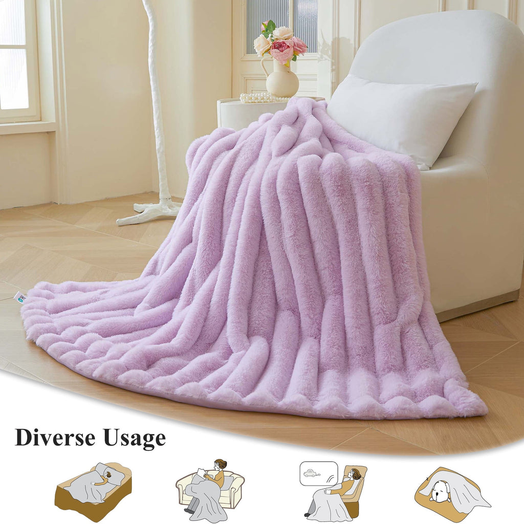 Fluffy Faux Rabbit Fur Throw, Cozy Wide Stripe Plush Fuzzy Blanket for Bed Couch Sofa Chair, Light Purple Shaggy Thro...
