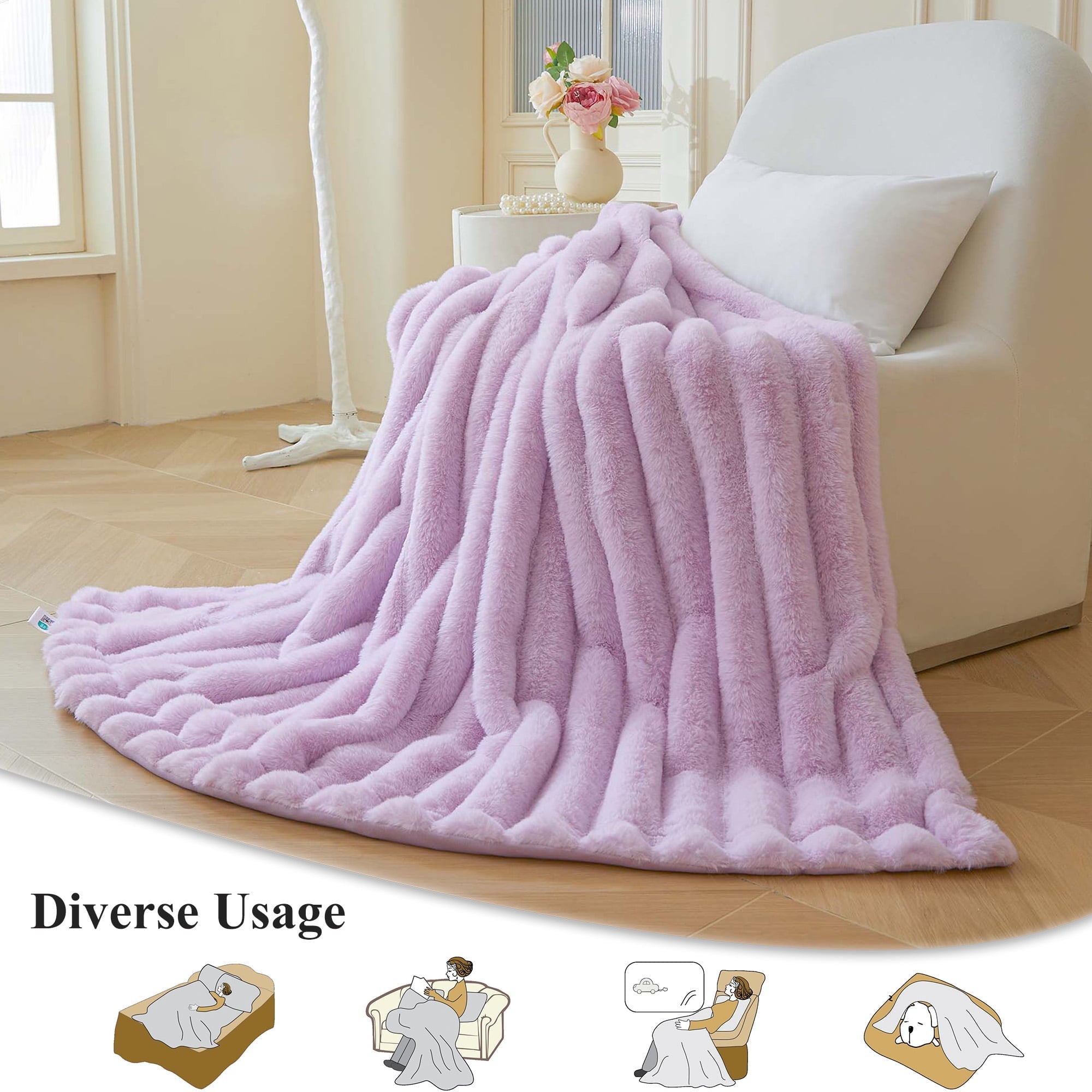 Fluffy Faux Rabbit Fur Throw, Cozy Wide Stripe Plush Fuzzy Blanket for Bed Couch Sofa Chair, Light Purple Shaggy Thro...