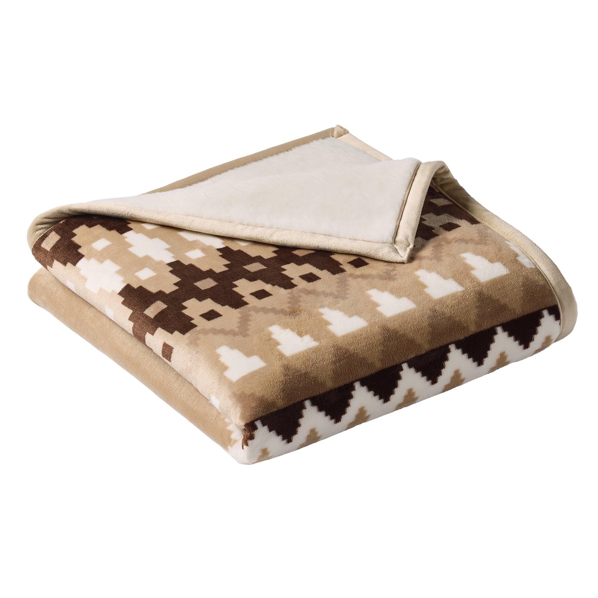 Printed Velvet Plush Reverse to Faux Fur Super Soft Throw Blanket, Oversized, Linder Border Beige