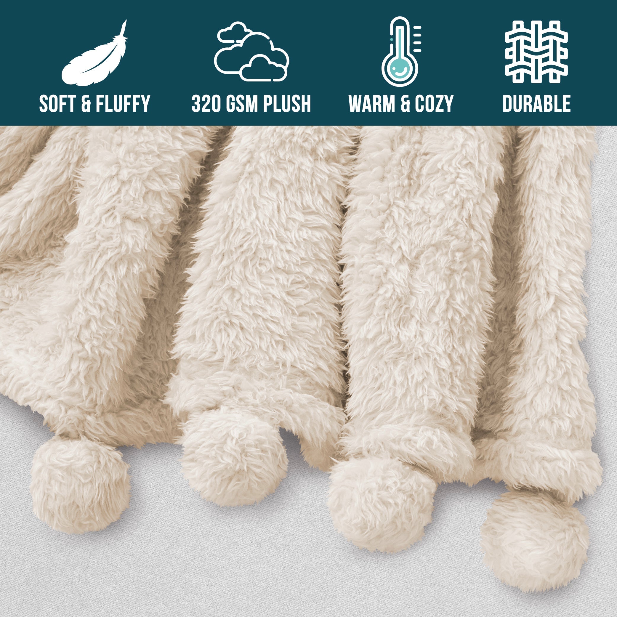 Ivory Cream Sherpa Throw Blanket with Soft Pom Pom Fringe, Plush Cozy Warm Blankets for Couch Bed Sofa, Fuzzy Fleece ...