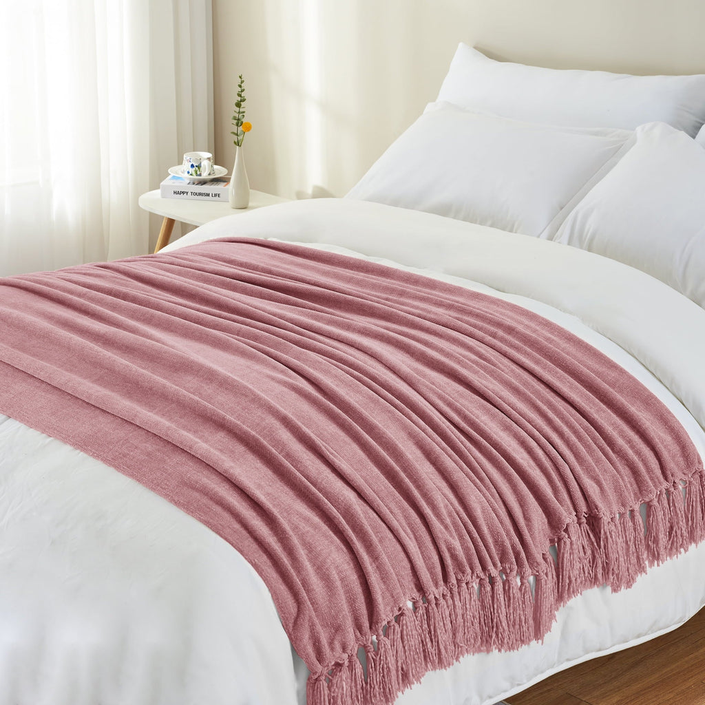Chenille Throw Blanket with Fringe Tassel for Couch Sofa Chair Bed, Mauve 50" X 70"