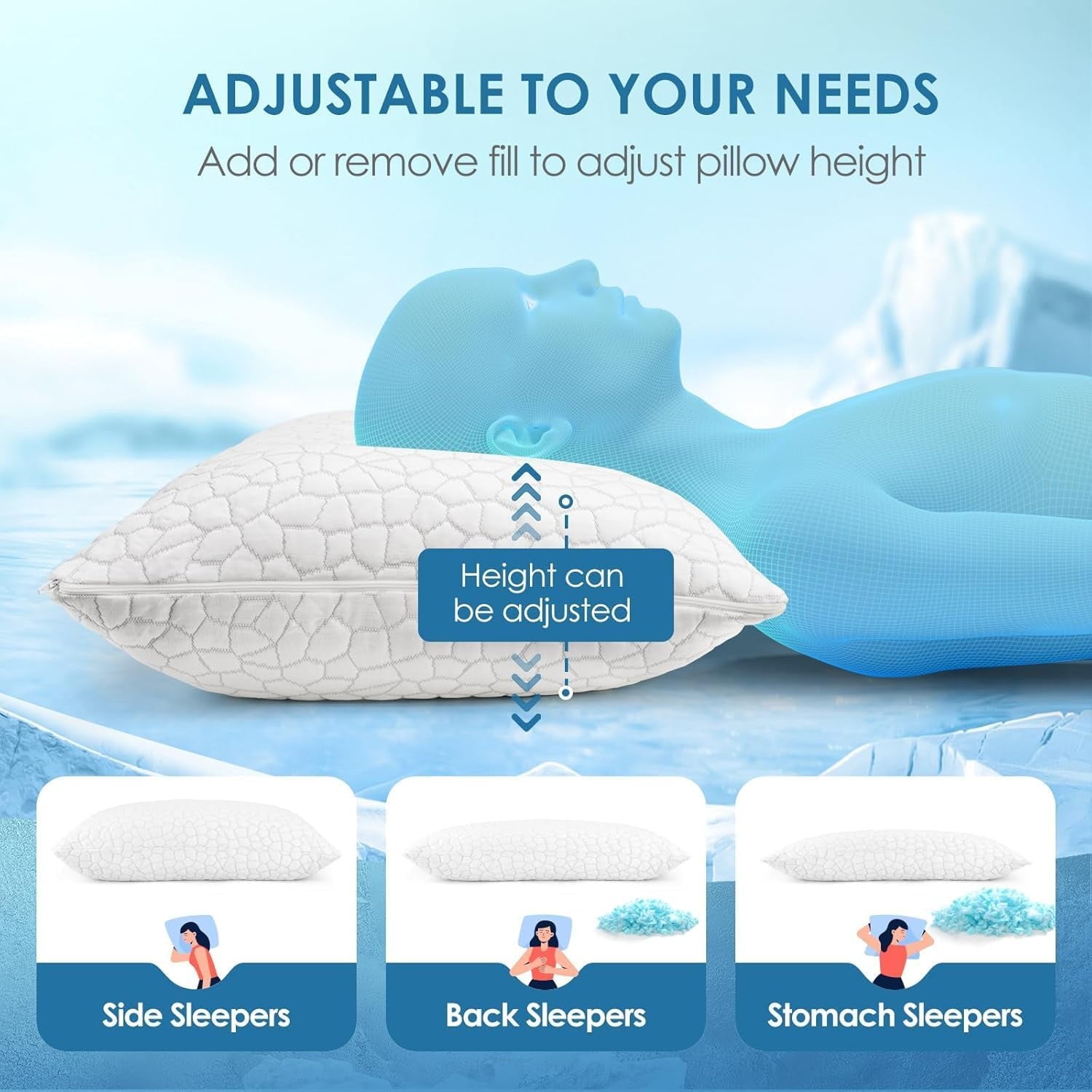 Cooling Bed Pillows Queen Size Set of 2, Shredded Memory Foam Pillows for Sleeping 2 Pack, Adjustable Soft Firm Pillo...
