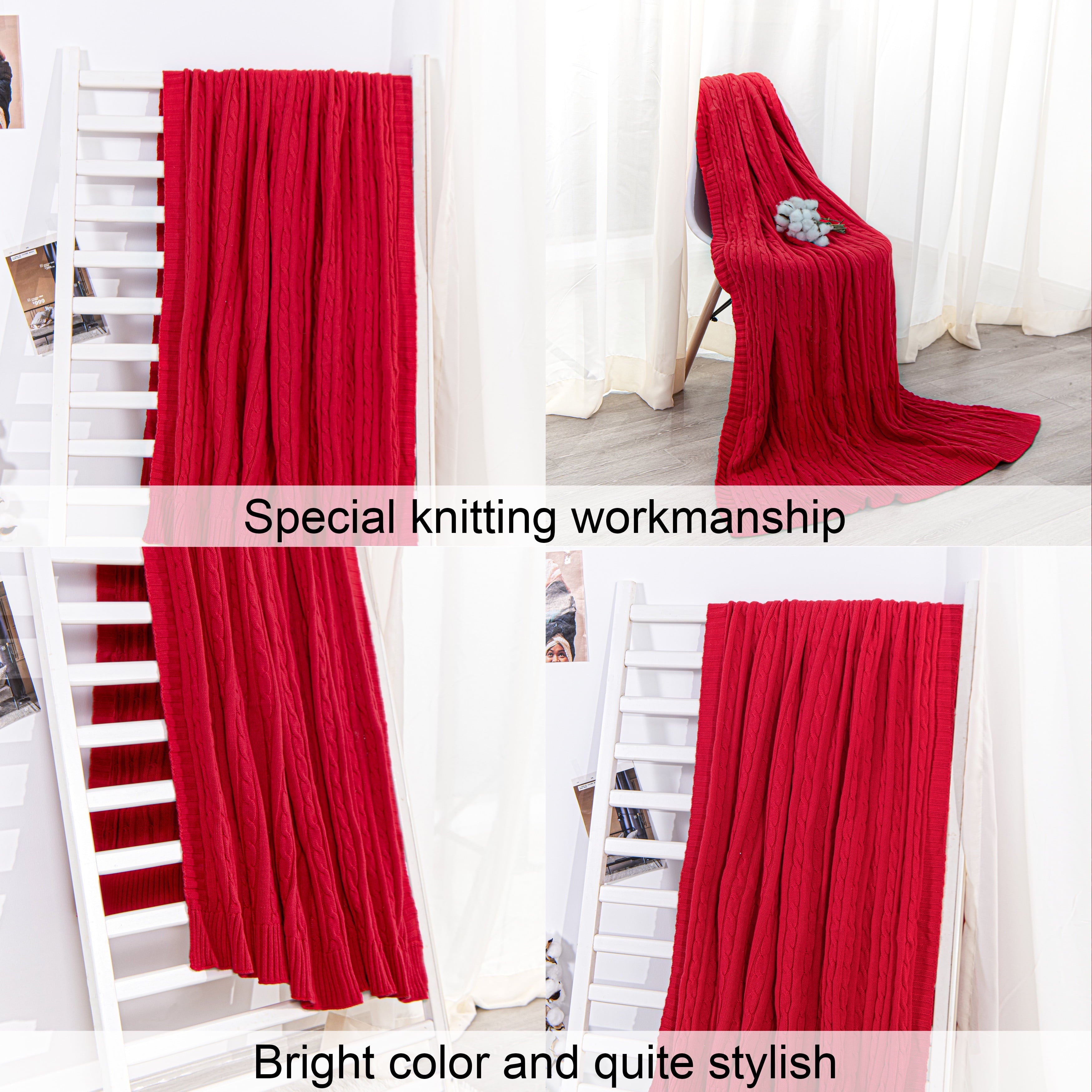 100% Cotton Cable Knit Throw, Super Soft Warm Knitted Blanket Home Decor, 51"x67", Red